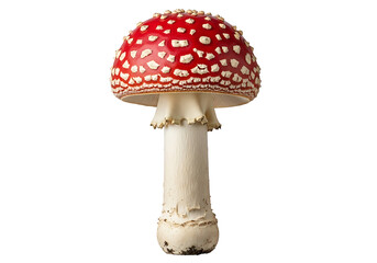 Obraz premium A single, vibrant red mushroom with white speckled cap stands out against a stark black background.