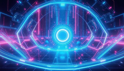 Futuristic neon tunnel with glowing blue and pink lines, creating a digital gateway. Represents advanced technology, virtual reality, and cyber connections for business or gaming.