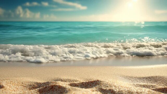 The sun sets over a peaceful beach, casting a warm glow on the sandy shore as gentle waves roll in and out, creating a calming atmosphere for relaxation.