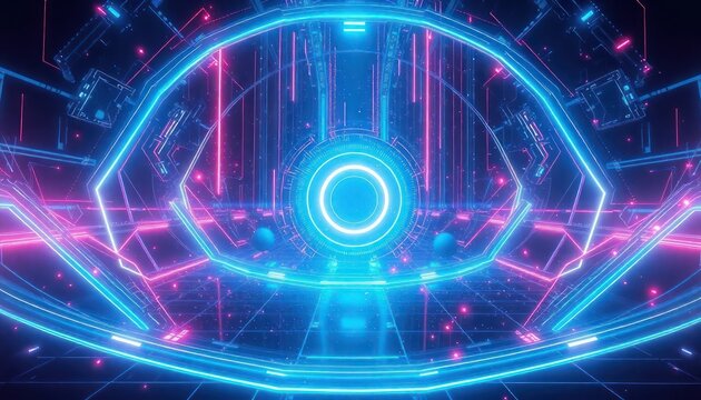Futuristic neon tunnel with glowing blue and pink lines, creating a digital gateway. Represents advanced technology, virtual reality, and cyber connections for business or gaming.