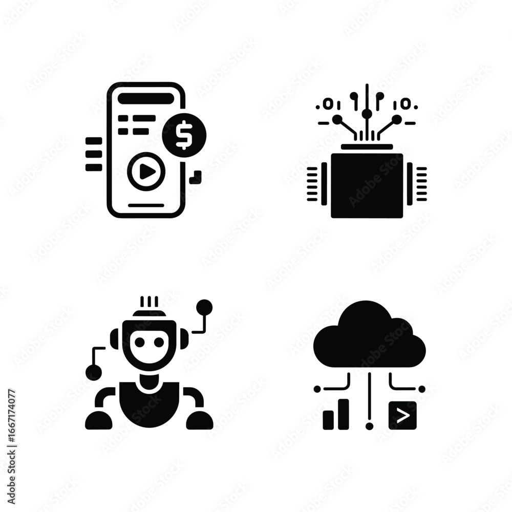 Fototapete four modern technology icons representing mobile payment ai robot cloud computing and data