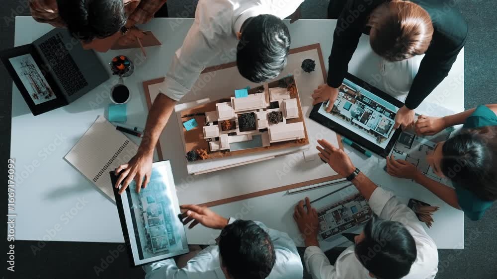 Aufkleber top down view of manager pointing at house model and explain building design. aerial view of archite