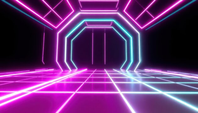 Vibrant neon-lit geometric tunnel with glowing pink and cyan lines on a reflective grid floor, evoking a futuristic digital space.