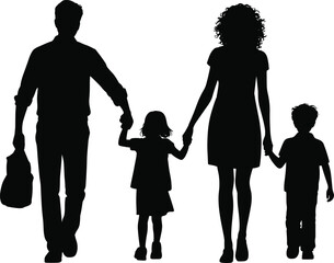 Flat vector illustration of family silhouette, father holding bag, parents with two kids holding hands, walking together, love, unity, bonding
