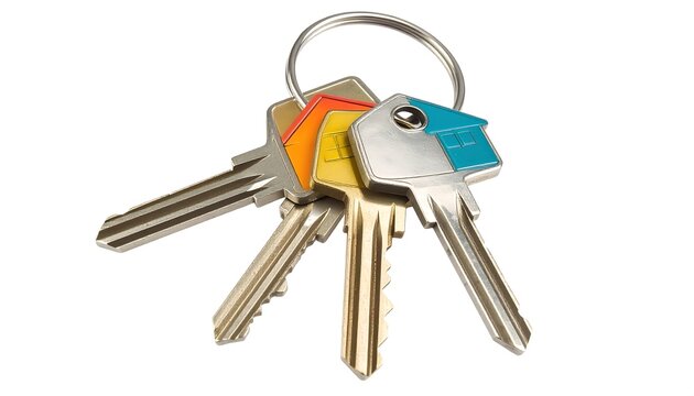 Bunch of colorful keys with house shaped fob isolated on white backdrop