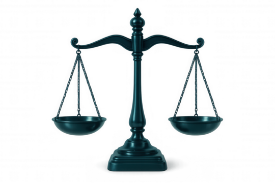 3d rendering of metal scales of justice balancing equally, symbolizing fairness, law, and equality on a transparent background