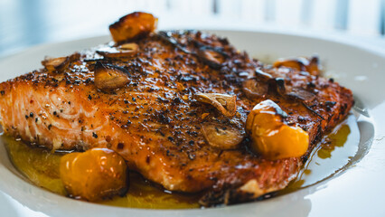 Succulent pan-seared salmon drizzled with olive oil, topped with crispy burnt garlic slices and...