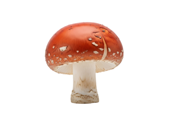 A single, vibrant red mushroom with a white stem is showcased against a black backdrop.