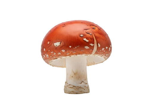 A single, vibrant red mushroom with a white stem is showcased against a black backdrop.