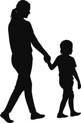 Flat vector illustration of mother and child walking, holding hands, family love, parenting, care, silhouette, bonding, trust, outdoor, relationship