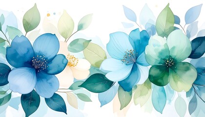 Watercolor Blue Flowers Border.