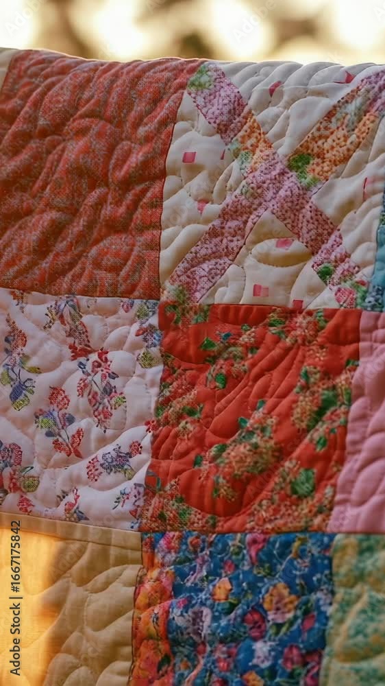 Poster close-up shot of a quilt on a chair with intricate patterns and textures