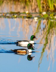 Obraz premium Two elegant common merganser ducks glide on a reflective pond, with a backdrop of green foliage and a clear, blue sky.