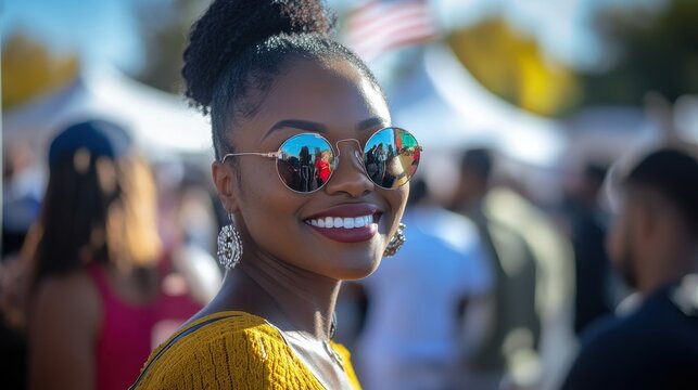 Empowered Black Woman Proudly Displays 'I Voted' Sticker After Casting Ballot in 2020 Election with American Flag Background