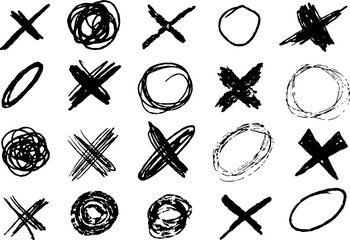 Hand drawn X and O symbols in grunge doodle style. Rough ink texture, black sketch set on white background.