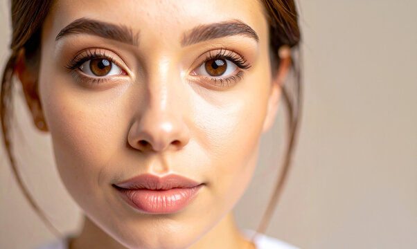 Close-up de la cara de una mujer con piel suave y cuidada con mirada sincera y firme concepto de poder y futuro  sobre fondo claro desenfocado