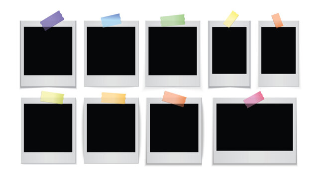 Realistic Polaroid Photo Frame Set with Different Polaroid Sizes – Mini, Square and Wide Blank Retro Instant Picture Templates with Colorful Sticky Tape for Scrapbook, Collage, Album, and Photography