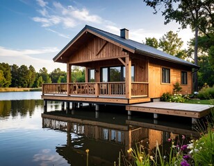 Obraz premium Lakeside cabin reflecting in water