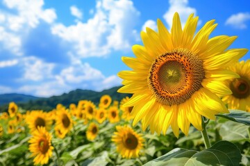 Fototapeta premium Vibrant Sunflowers Under a Bright Blue Sky on a Beautiful Sunny Day