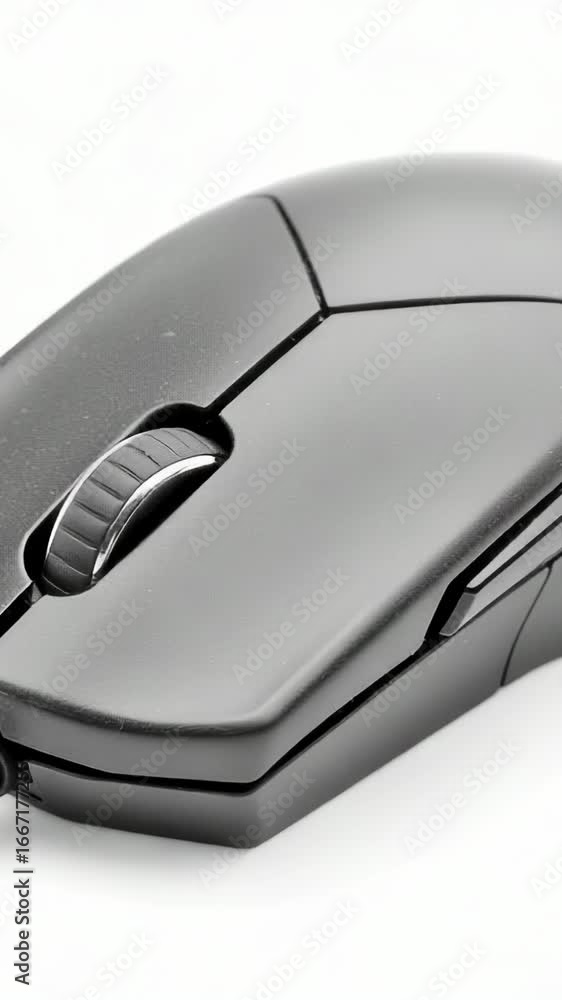 Poster a detailed view of a computer mouse on a white background, perfect for tech-related designs and illu