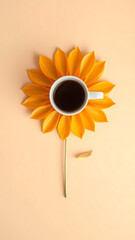 Artistic Coffee Cup Sunflower Design on Peach Backdrop A Minimalist Composition for Editorial Use and Creative Projects
