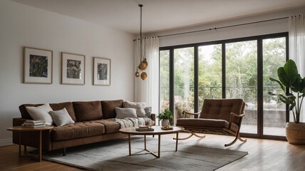 Modern living room with a cozy brown sofa, elegant decor, and large windows inviting natural light.
