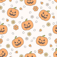 Jack o Lantern Seamless Pattern JPEG File - Cute Fall Pumpkin Digital Paper, Halloween Candy Corn Background