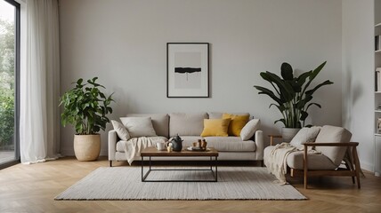 Bright and inviting living room featuring a cozy sofa and elegant plants, creating a serene atmosphere.