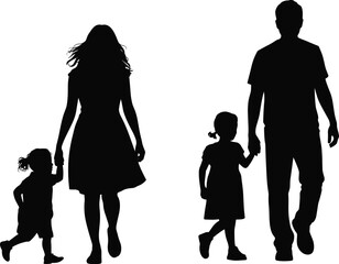 Flat vector illustration of mother and father walking with daughters holding hands, family togetherness, parenting love, happy children, childhood memories, protective parents, silhouette family