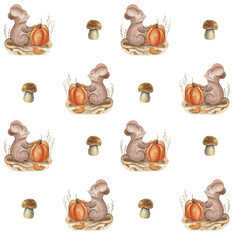seamless autumn pattern with cute mouse and pumpkin and mushrooms, harvest, watercolor illustration for children, packaging, clothing, dishes, textiles