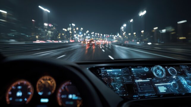 Elegant photo of autonomous Vehicle Driving on Highway at Night with Futuristic HUD Interface. - Powered by Adobe