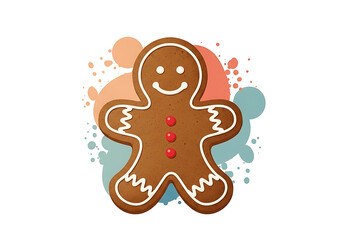 A gingerbread man cookie, decorated with icing and sprinkles, is centrally positioned against a backdrop of colorful, painted splatters.