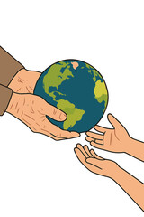 A close-up shot of elderly hands presenting a small globe of the earth to a young child, set against a blurred green backdrop with ample copy space