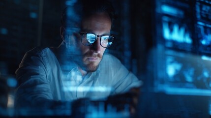 Focused individual in a dark room with glowing screens, data analysis