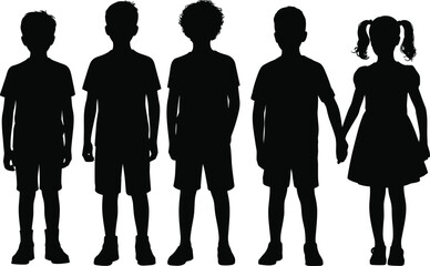 Flat vector illustration of five kids standing silhouette, children together, diverse kids group, friendship, childhood, boys and girl, childhood innocence, happy kids