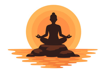 A woman is shown practicing yoga beside a river at sunset, symbolizing a healing concept