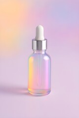 "Pastel Dropper Bottle with Iridescent Liquid on Soft Background"