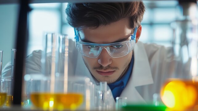 Chemistry student conducting experiments in laboratory setting with focused dedication