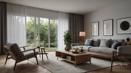 Fototapeta premium Modern living room with a cozy atmosphere, featuring neutral tones and natural light.