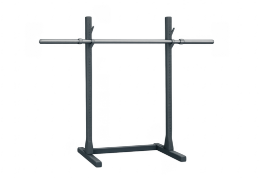 Squat rack stand with barbell on transparent background for weightlifting and fitness training