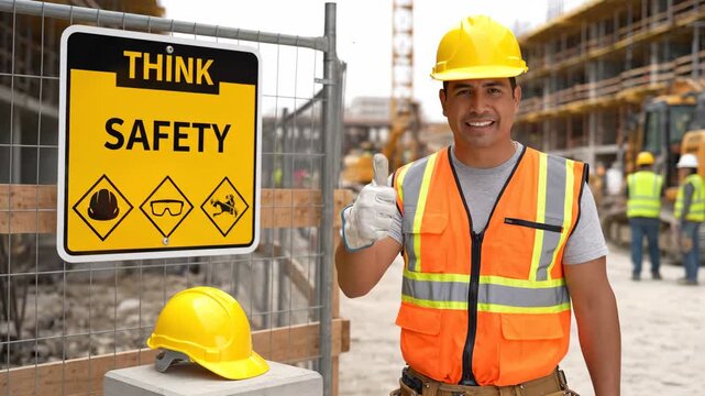 Construction Worker Promoting Safety Awareness at Site - A construction worker wearing a yellow helmet and orange safety vest gives a thumbs up beside a prominent "Think Safety" sign at a
