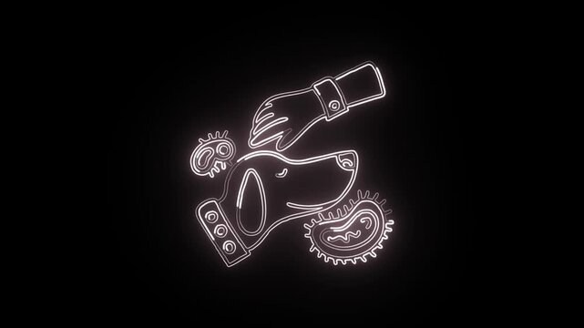 Glowing neon line dog with tail wagging animation. Pet animal icon HD video isolated on black background.