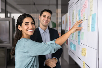 Portrait of two teammates engaged in positive and productive teamwork, strategizing, searching creative solutions and exchanging ideas standing in front of whiteboard filled with colorful sticky notes