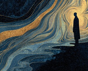 Solitary Figure Amidst Flowing Colorful Background