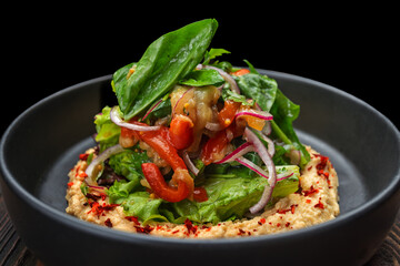 Hummus with Roasted Vegetable Salad and Fresh Greens on Dark Wooden Background