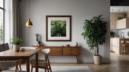 A modern living room featuring a wooden dining set, green plants, and elegant decor, creating a serene and inviting atmosphere.