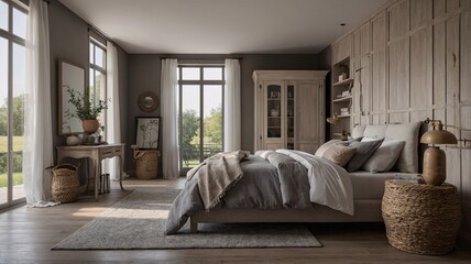 Fototapeta premium Serene bedroom featuring a neutral palette, natural light, and cozy textures, creating a calming atmosphere.