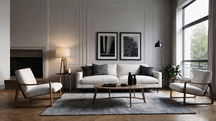 Fototapeta premium Stylish modern living room featuring neutral tones and mid-century furniture.