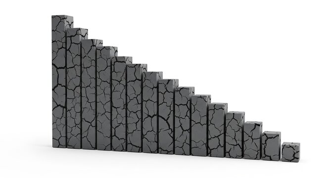 Visual representation of a declining trend with cracked gray bars illustrating a drop in performance over time