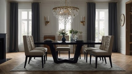 Elegant dining room featuring a dark wooden table, plush chairs, and a stunning chandelier, creating a sophisticated ambiance.